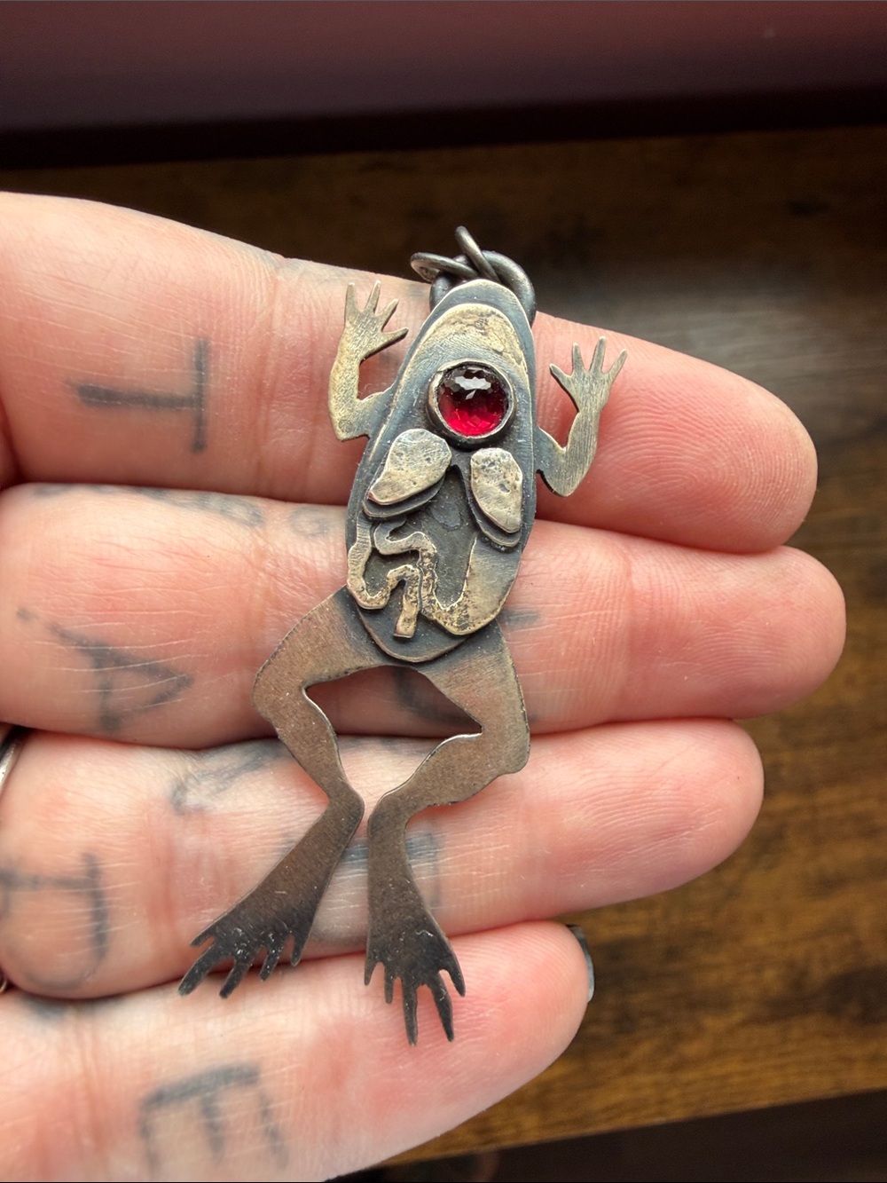 Handcrafted sterling Silver Frog dissection  necklace Pendant with Red Accent